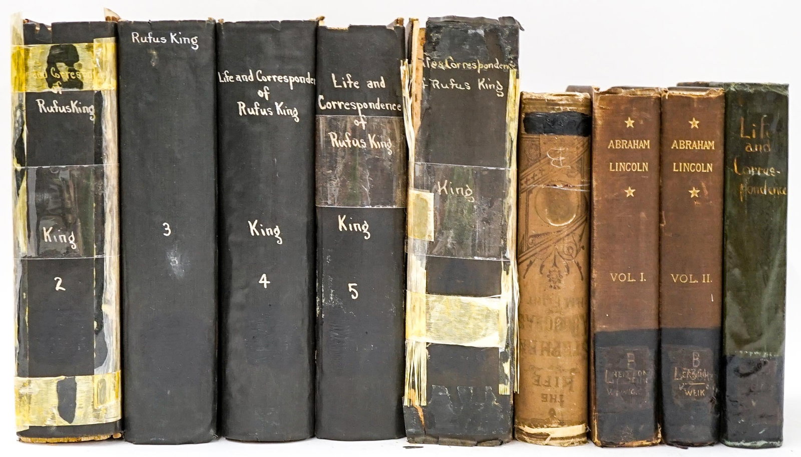 Politics (9) Antique Books: Nine (9) books. Binding copies and mixed. 1) Rufus King - The Life and Correspondence of. Volumes 2 through 6. Limited to 750 copies. G. P. Putnam's Sons, New York. 1895 - 1900. Card pockets back insi