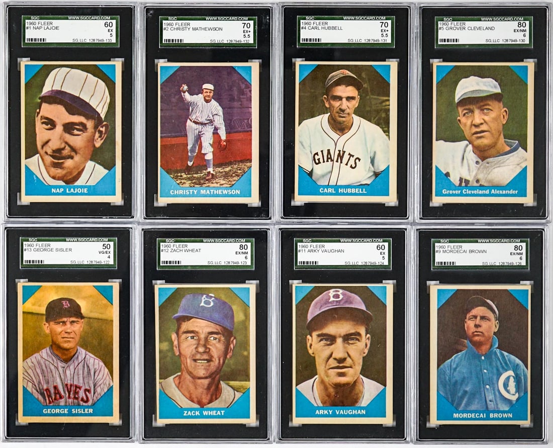 1960 Fleer Baseball Graded Cards (48): 1960 Fleer Baseball Graded Cards (48). Includes numbers 1 Nap Lajoie SGC EX 5, 2 Christy Mathewson SGC 5.5, 4 Carl Hubbell SGC 5.5, 5 Grover Cleveland SGC 6, 9 Mordecai Brown SGC 6, 11 Arly Vaughan SG