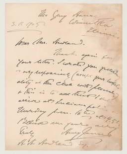 Letter Signed by Henry James in 1905: Henry James (1843-1916) was an American-British author. He is regarded as a key transitional figure between literary realism and literary modernism, and is considered by many to be among the greatest