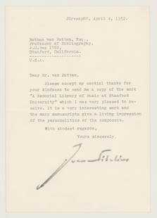 Jean Sibelius TLS: Jean Sibelius TLS. Measures 8.25 x 5.875 inches. Excellent condition. Unframed, loose and not glued or mounted. If lot is absent of a condition report one may be requested via email. Condition report