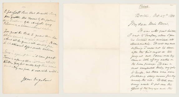 Oliver Wendell Holmes & Jean Ingelow ALS: Oliver Wendell Holmes and Jean Ingelow (1820-1897). Jean Ingelow was an English poet and novelist, who gained sudden fame in 1863. She also wrote several stories for children. They measure 7 x 4.5