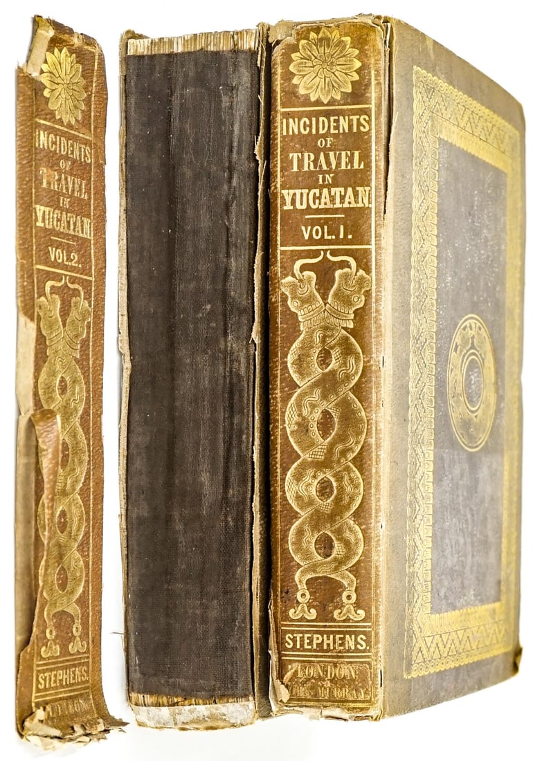 Incidents of Travel in Yucatan (2V) 1843 [Mayan]: Incidents of Travel in Yucatan by John L. Stephens in two volumes. 1843. John Murray, London. 423 pp. + 478 pp. Illustrated. Severe browning and spotting throughout as seen in photos. Covers worn and