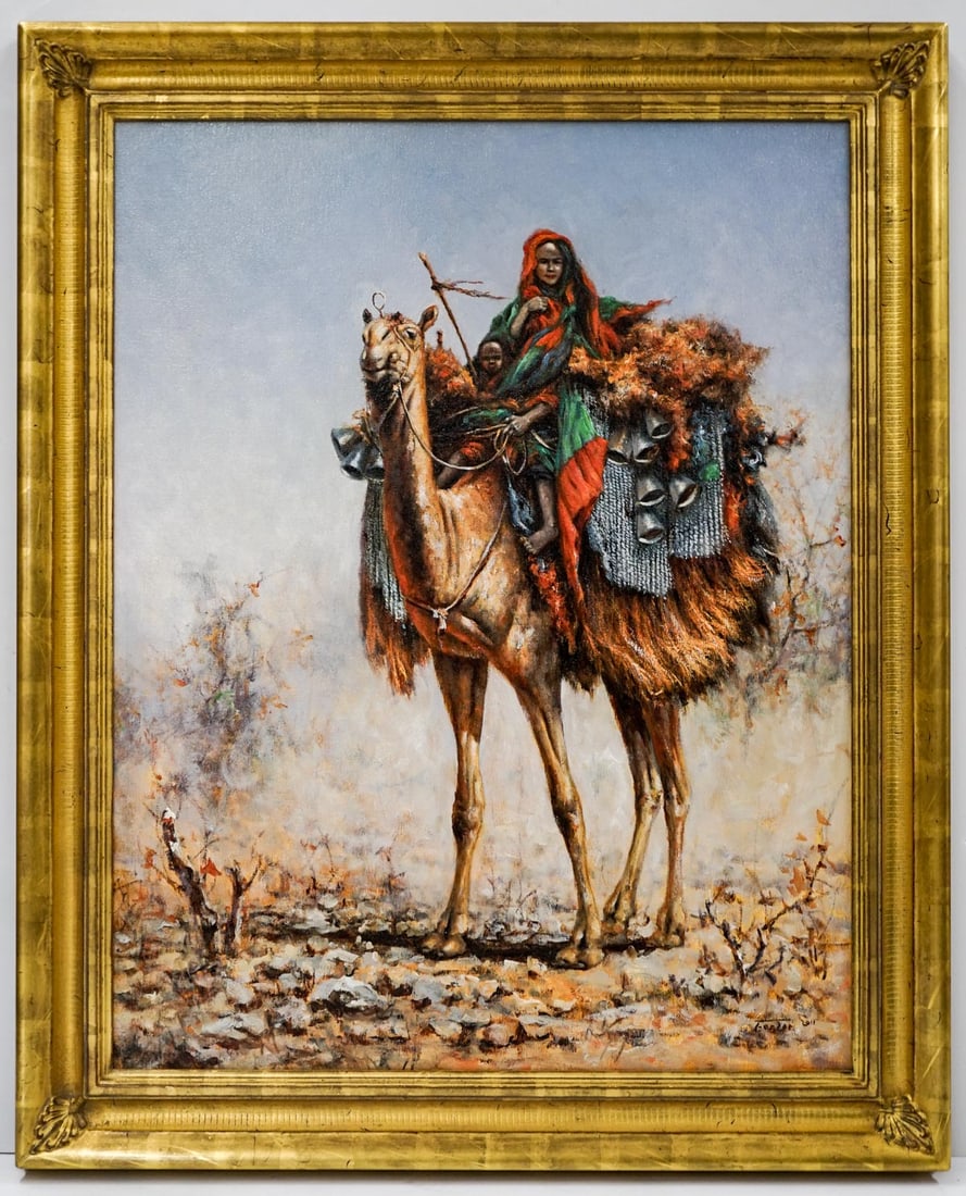 Eric Forlee Large Original Oil Painting: Eric Forlee (California/China, Born 1949) Large Original Oil Painting on Canvas [African Tribal Scene-Mother and Child on Camel]. Measures 36 x 28 inches image size and 43 x 35 x 2.5 inches framed. Th