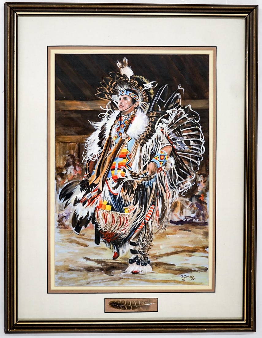 George C. Hogg Original Gouache: George C. Hogg (Canada) Framed Original Gouache on Paper [To the Beat of the Drum, James Watt, Browning, Montana, Blackfeet]. Measures 18 x 12 inches sight size and 26 x 20 x 1.75 inches framed. Appea
