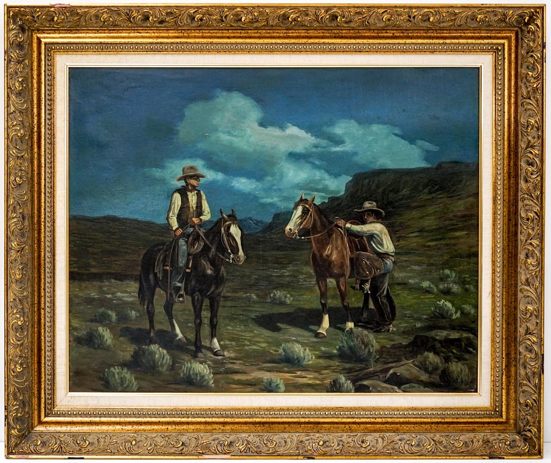 Charles Damrow Large Western Cowboy Oil: [Western, Cowboys] Charles Damrow (Arizona, Wisconsin, 1916-1989) Large Original Oil Painting on Board. Measures 24 x 30 inches image size and 32 x 38 inches framed. Signed lower right. Excellent cond