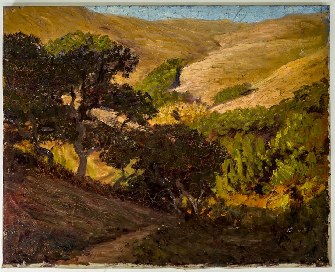 Frederick Kress Oil On Canvas [Landscape]: Frederick Kress (American, California, 1888-1970) oil on canvas stretched on frame. Untitled. Estate Stamp on verso. Measures 14 in. x 17 in. x .625 in. Provenance: Formerly the estate of artist and t