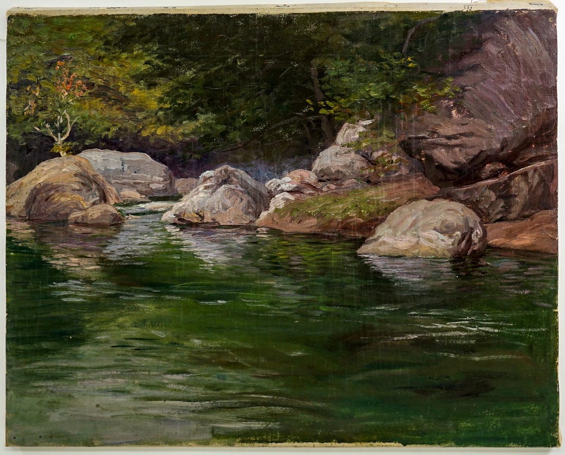 Frederick Kress Oil On Canvas [Pond - Big Sur]: Frederick Kress (American, California, 1888-1970) oil on canvas stretched on frame. Titled 'Rocky Pond - Big Sur'. Circa 1910-1920. Measures 14 in. x 17 in. x .625 in. Provenance: Formerly the estate 
