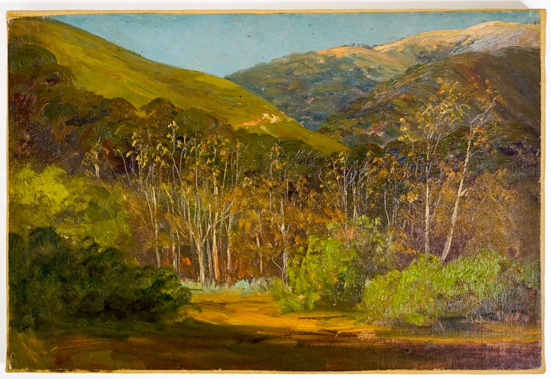 Frederick Kress Oil on Canvas [Bushes Big Sur]: Frederick B. Kress (American, California, b. 1888-1970) oil on canvas stretched on board. Estate stamped on verso. 'Bushes - Big Sur' noted on verso. Measures 9.25 in. x 13.75 in. Provenance: Formerly