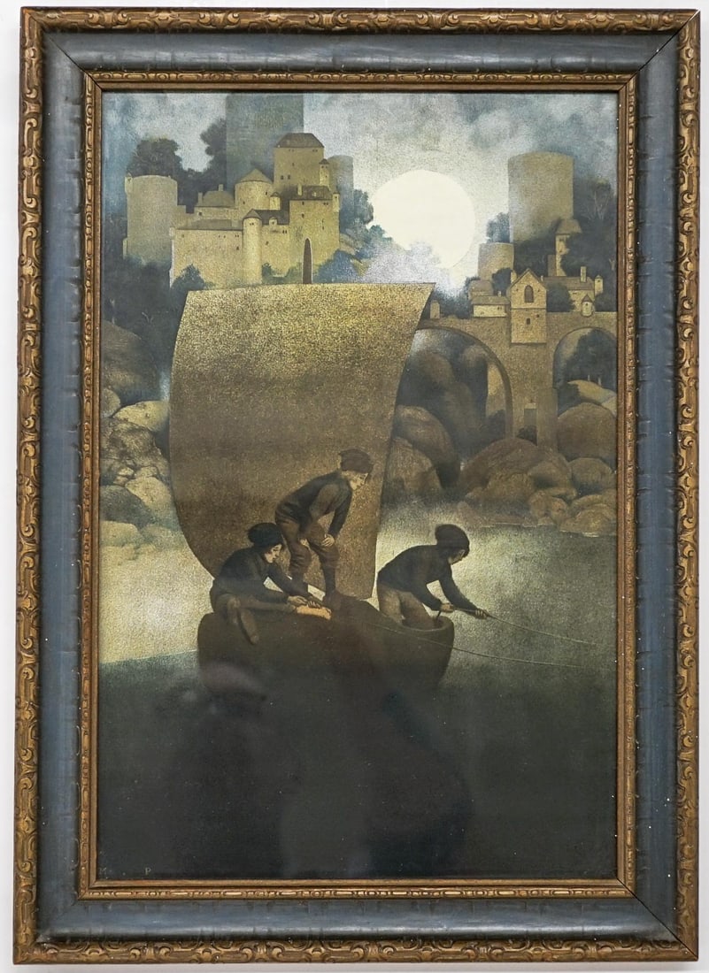 Maxfield Parrish Original Print: Maxfield Parrish Original Print . Wynken, Blynken and Nod. Measures 15 x 10 inches image size and 17.625 x 12.625 inches framed. Appears to be in excellent condition. Not inspected out of framing. If