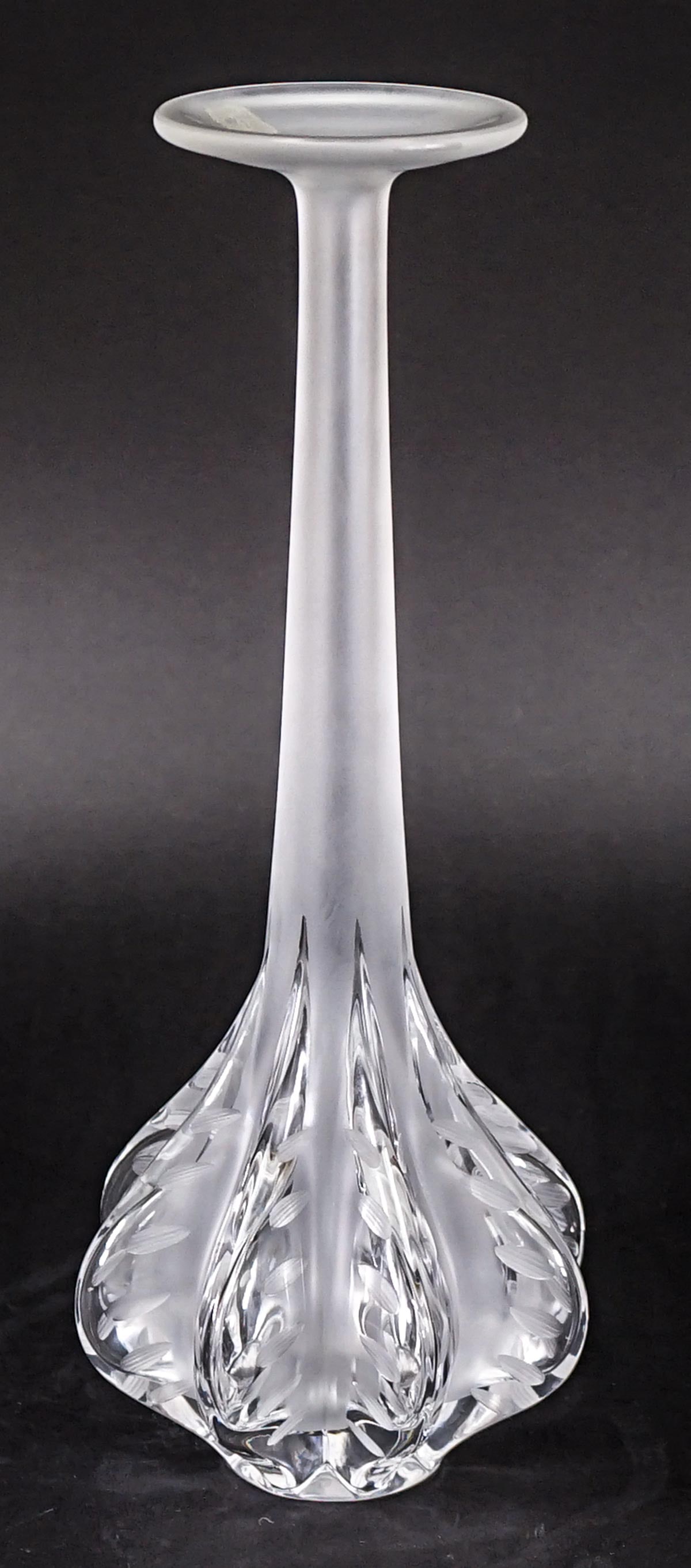Lalique St. Claud 13.5 IN Vase: Lalique St. Claud vase measures 13.5 in. tall x 5 in. wide. No evident cracks or repair. This item requires the use of an outside shipper. If lot is absent of a condition report one may be requested v