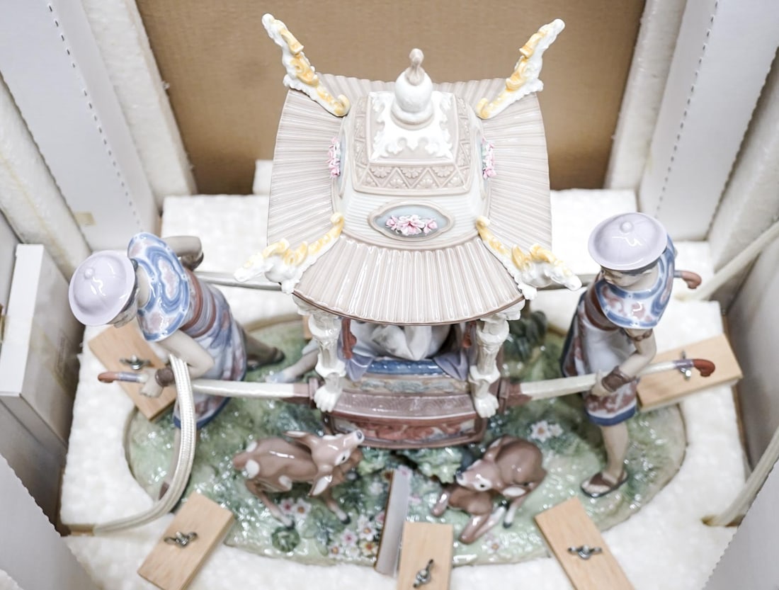 Lladro #01858 'Emperor's Forest' MIB: Lladro figurine Made in Spain 01858 'In the Emperor's Forest' measures 19 in. x 8 in. x 20 in. No evident cracks or repair. Like-new in original box. This figurine may never have been removed from box