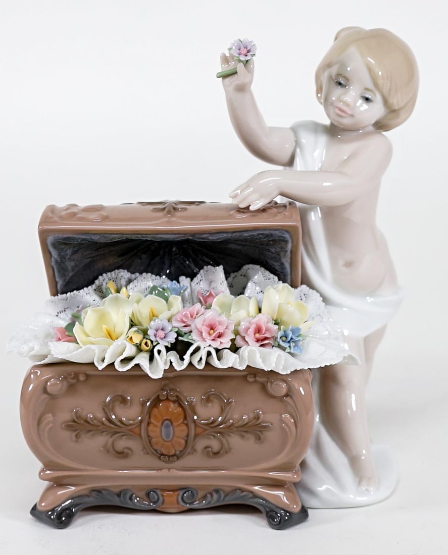 Lladro Figurine Daisa Girl with Flowers: Lladro figurine Made in Spain measures 7 in. tall x 5.5 in. wide x 4 in. deep. Small damage to lace area of trunk, see picture. No other evident cracks or repair. If lot is absent of a condition repor