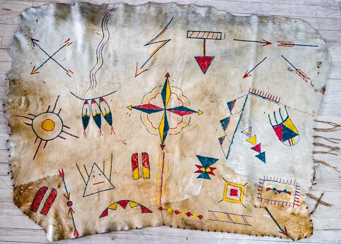 Vintage Native American Ledger Art on Hide: Vintage Native American Ledger Art on Hide. Measures 40 x 58 inches. If lot is absent of a condition report one may be requested via email. Condition report is provided as an opinion only and is no gu