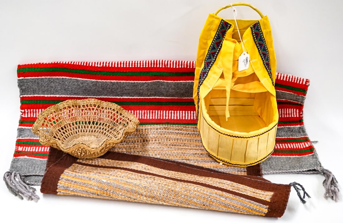 Handwoven Rugs (2), Cradleboard, Basket: Handwoven Rugs (2), Cradleboard, Basket . If lot is absent of a condition report one may be requested via email. Condition report is provided as an opinion only and is no guarantee as condition can be