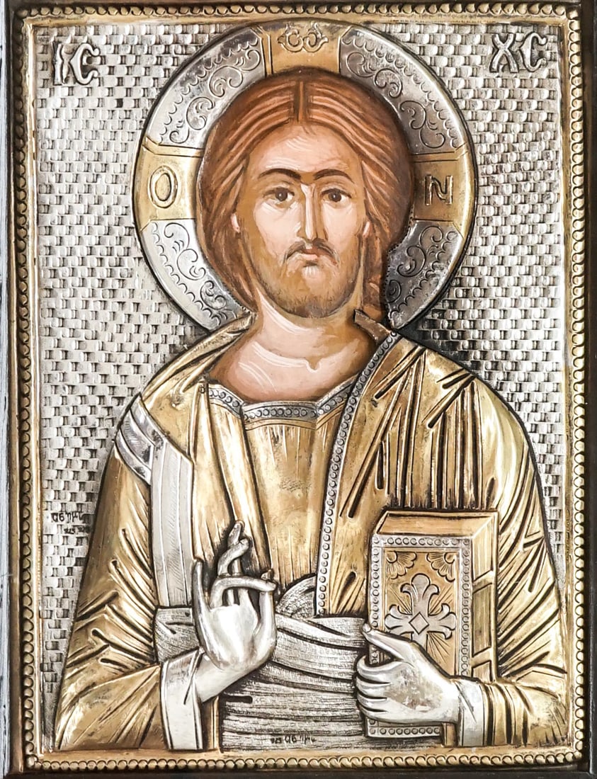 Byzantic Byzantine Greek Orthodox 24K .950 Silver: Byzantic Byzantine Greek Orthodox Pure 950 Silver, 24 ct Gold and Hand Painted Icon on Wood. Measures 6.75 x 5 inches image size and 10.75 x 9 inches framed. Very good condition. If lot is absent of a