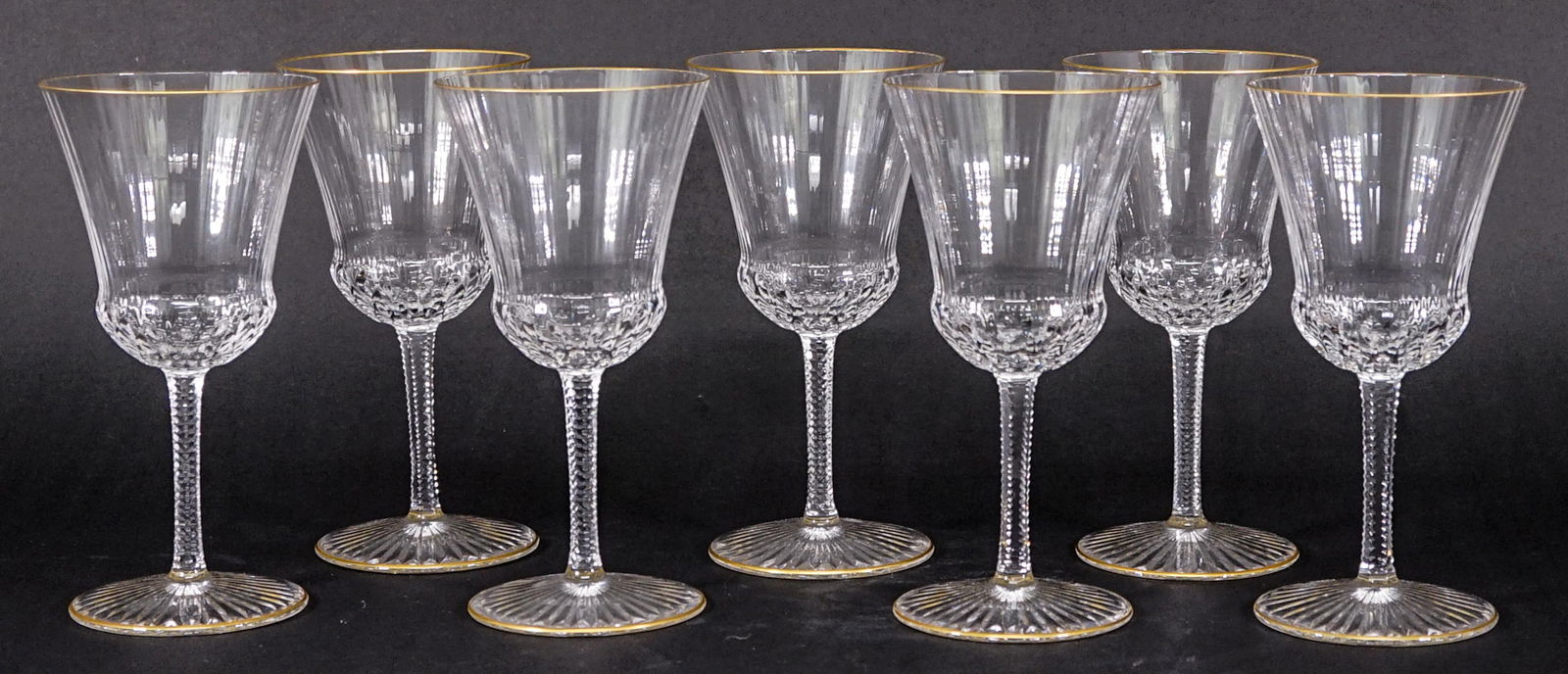 St. Louis (France) Apollo Crystal Wine Goblets: St. Louis (France) Apollo Crystal Wine Goblets (7). They measure 7 inches (18 cm) tall. No damage. If lot is absent of a condition report one may be requested via email. Condition report is provided a
