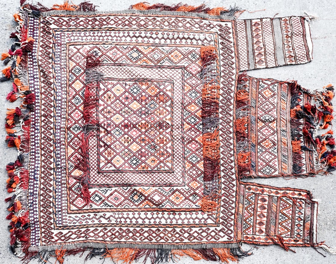 Afghan Embroidered Flat-Woven Wool Camel Blanket: Afghan Embroidered Flat-Woven Wool Camel Blanket. Measures 5 feet 7 inches x 4 feet 8 inches. If lot is absent of a condition report one may be requested via email. Condition report is provided as an 