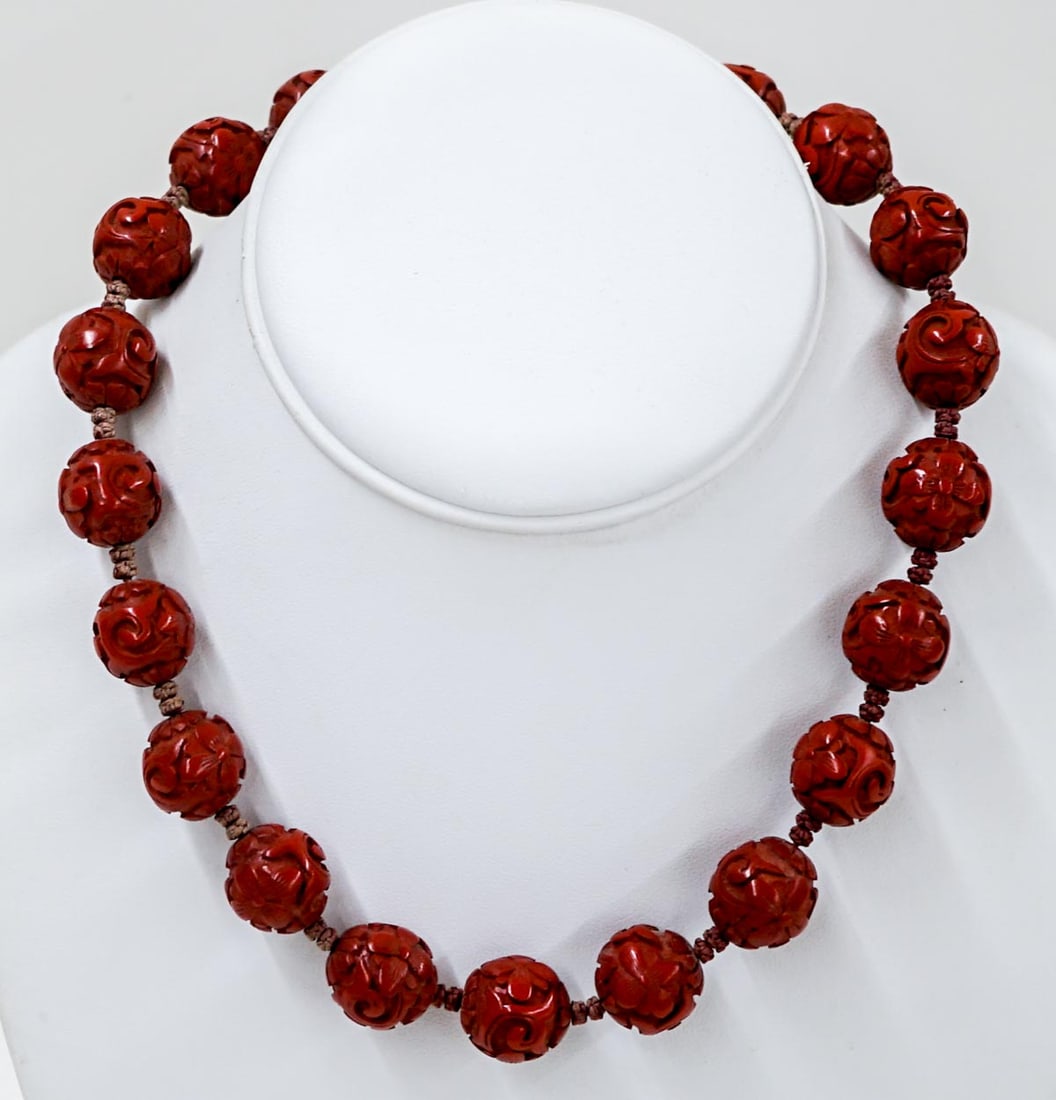 Antique Chinese Signed Cinnabar Necklace (1 of 6)