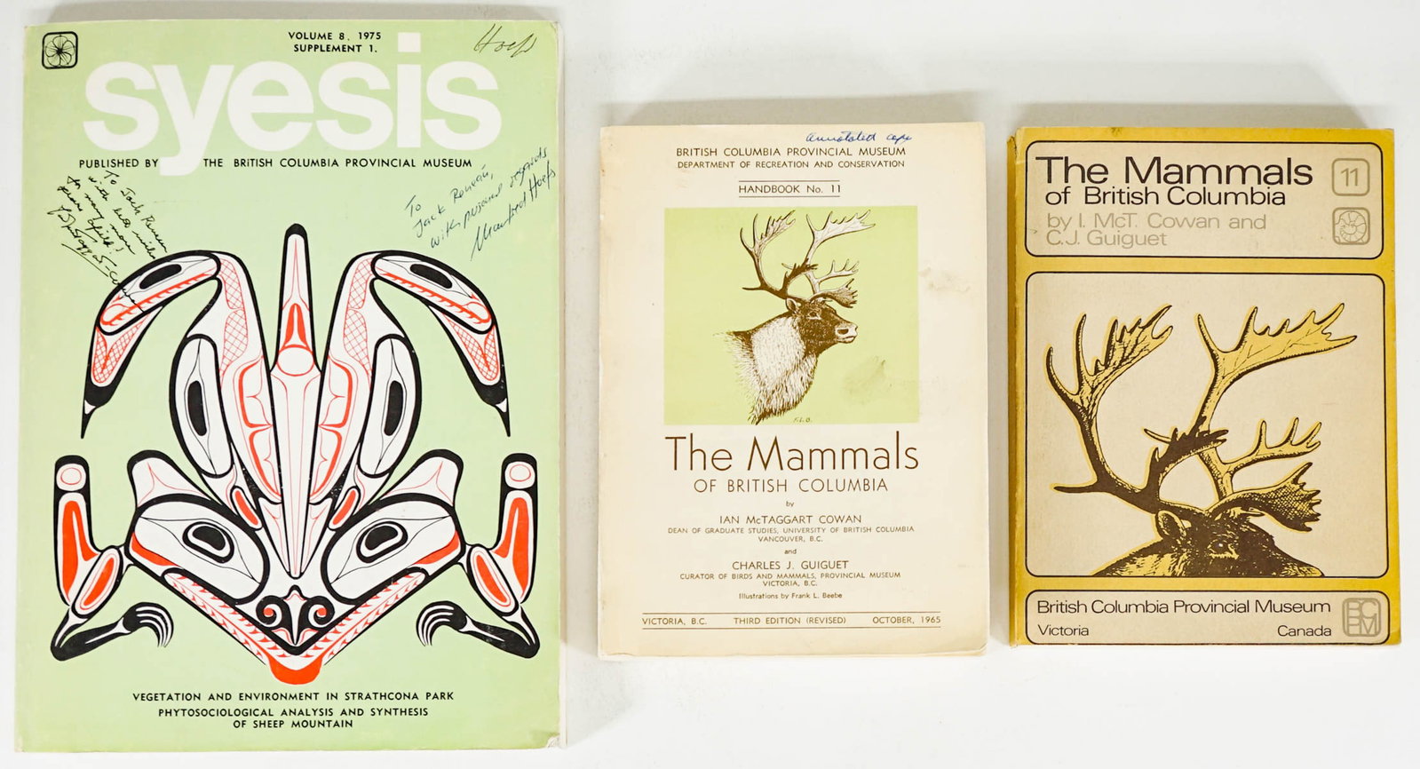 British Columbia (3) Mammals, Environment SIGNED: Three (3) softcover books of British Columbia mammals and environment. 1) Syesis Volume 8 1975 Supplement 1. Published by the BC Provincial Museum. Maps, charts tucked in back pockets. Inscribed and s