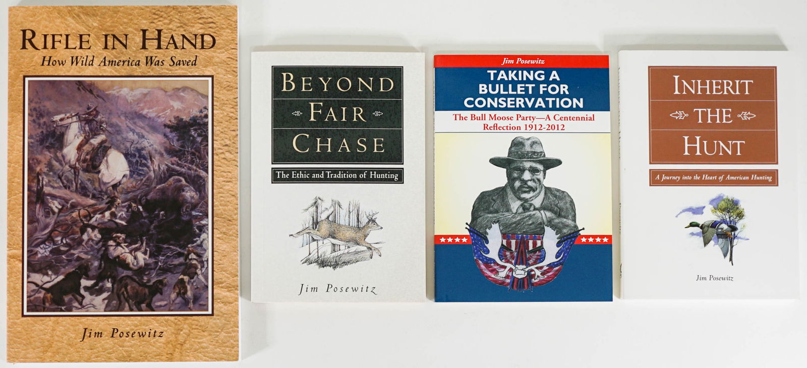 Jim Posewitz (4) Softcover Hunting Books SIGNED: Four (4) hunting, conservation booklets. Beyond Fair Chase signed and inscribed; Taking A Bullet for Conservation signed; Rifle in Hand signed and inscribed; Inherit the Hunt unsigned. Lot measures 8.