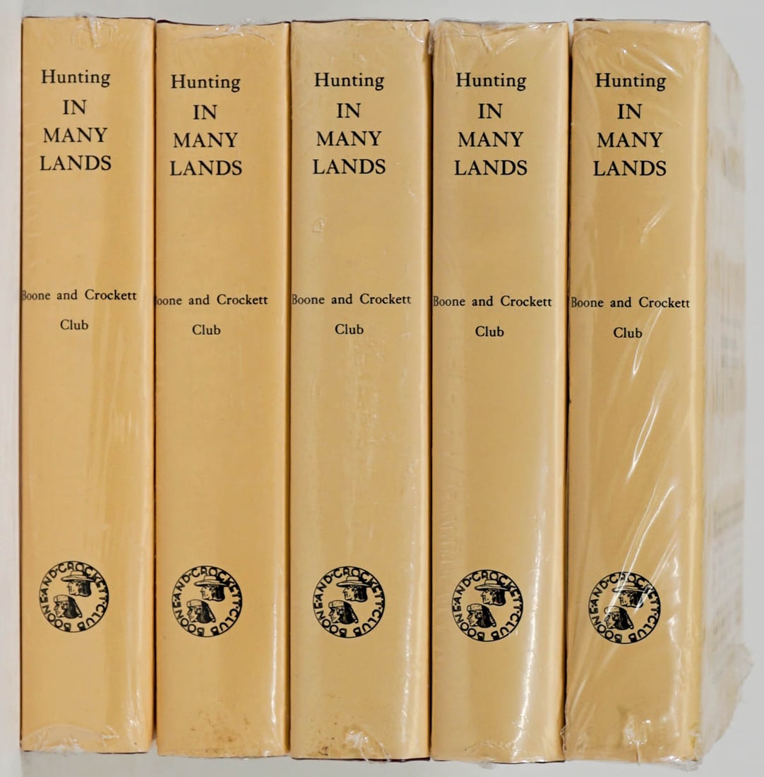 Boone and Crockett Club (5) Facsimile SEALED: Hunting in Many Lands. Five (5) Boone and Crockett Club facsimile reprint books. PUBLISHER SEALED. Theodore Roosevelt and George Bird Grinnell Editors. 1986. Lot measures 8.25 in. x 6 in.ac x 8.25 in.