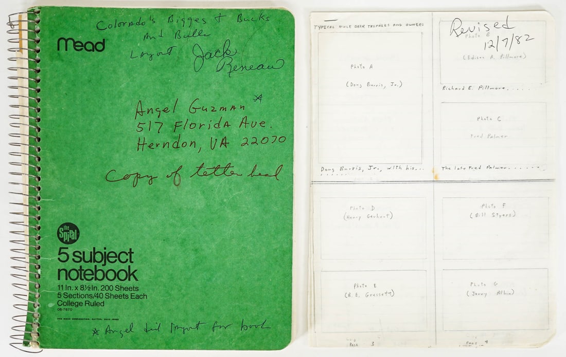 Jack Reneau - Colorado's Biggest Bucks LAYOUT: Colorado's Biggest Bucks and Bulls by Jack Reneau. Layout of book on lined paper notebook. Measures 11.25 inj. x 8.5 in. x 1 in. Provenance: Personal collection of Jack and Susan Reneau, two of the fo