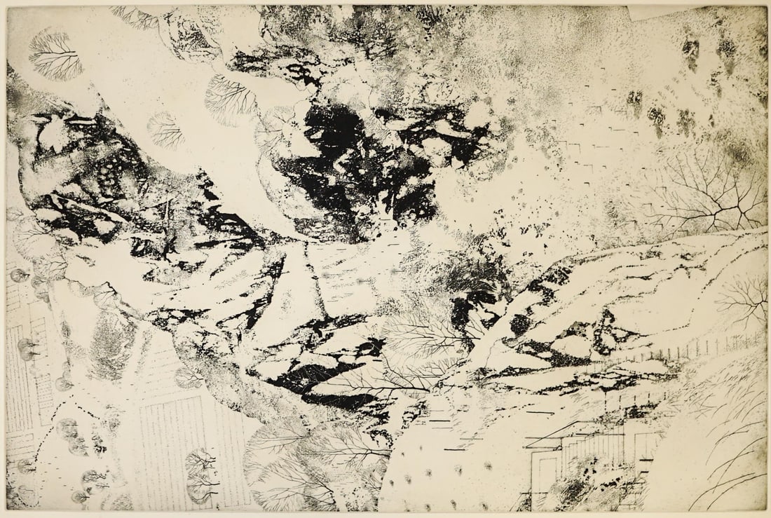 Peter Milton Sanctuary's Edge Etching & Engraving: Peter Milton Sanctuary's Edge Etching and Engraving. Measures 48 x 32 inches (1220 x 812 mm) plate size and 57.5 x 40 sheet size. EX+ condition, there are no signs that this print was ever framed nor