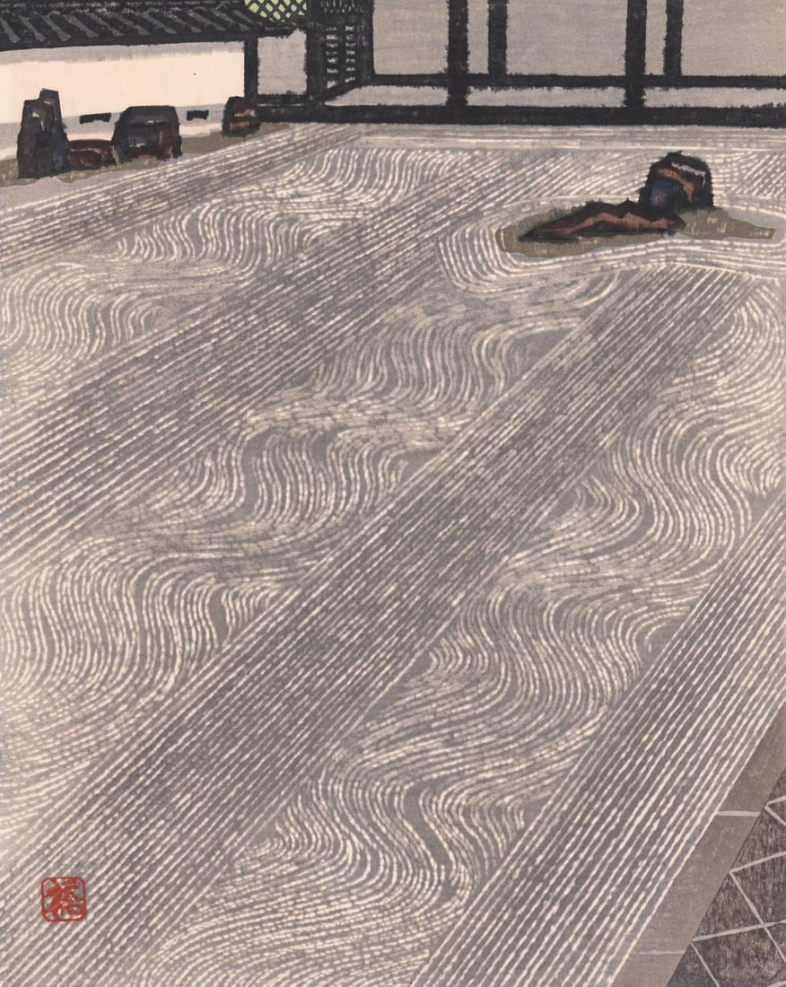Okiie Hashimoto Signed Large Japanese Woodblock: Okiie Hashimoto Large Japanese Woodblock. Signed and dated 1958 by artist in pencil lower right. Measures 22.375 x 17.25 inches sheet size. Very good condition with small creases in the lower right co