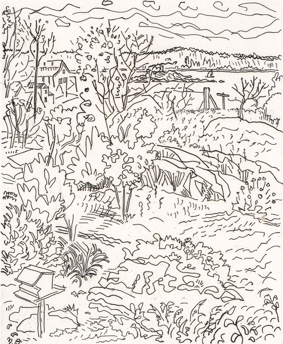 Nell Blaine S/N Etching Landscape w/Bird Feeder (1 of 4)