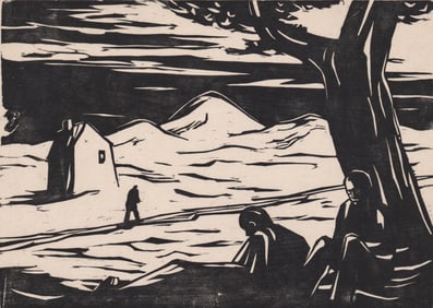 Old Woodcut Print Signed EM