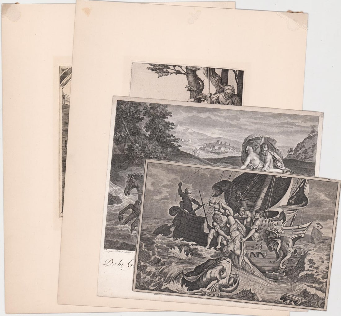 A Group of Early Copper Engravings (4): A Group of Early Copper Engravings (4). The 'Johan Thrown Into the Sea', Hieronymus Wierix (1553-1619), (after Maerten de Vos, 1532-1603) measures 135 mm x 202 mm. The largest engraving 'Ecole Venitie