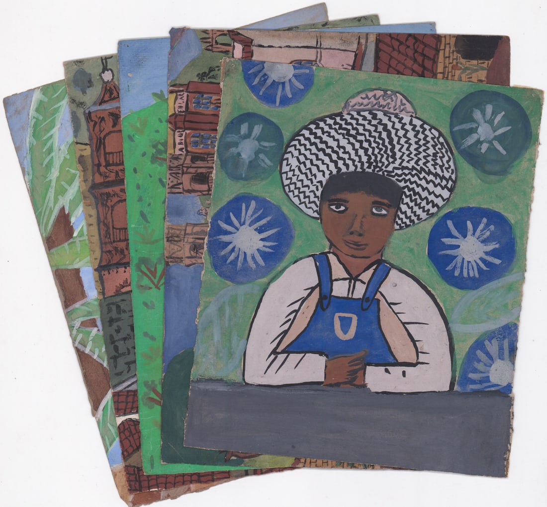 Delfino Garcia and Others (5) Gouache [Mexican]: Delfino Garcia (Born 1917) was active/lived in the United States, Mexico. Listed artist. Five (5) gouache on paper paintings of buildings, trees and people by Delfino Garcia and others. Sheets measure