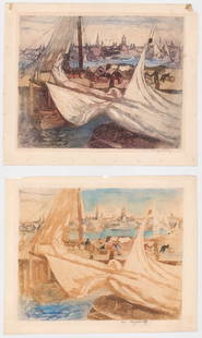 William Meyerowitz (2) Etchings [Gloucester]: Two (2) William Meyerwitz (American, 1887-1981) colored etchings both pencil signed lower right. Glouster Harbor - Morning and Early Evening. Morning plate measures 8 in. x 9.75 in. Sheet measures 9.7