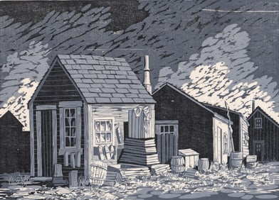David W. Stearns Large Woodcut [Fishing Shacks]