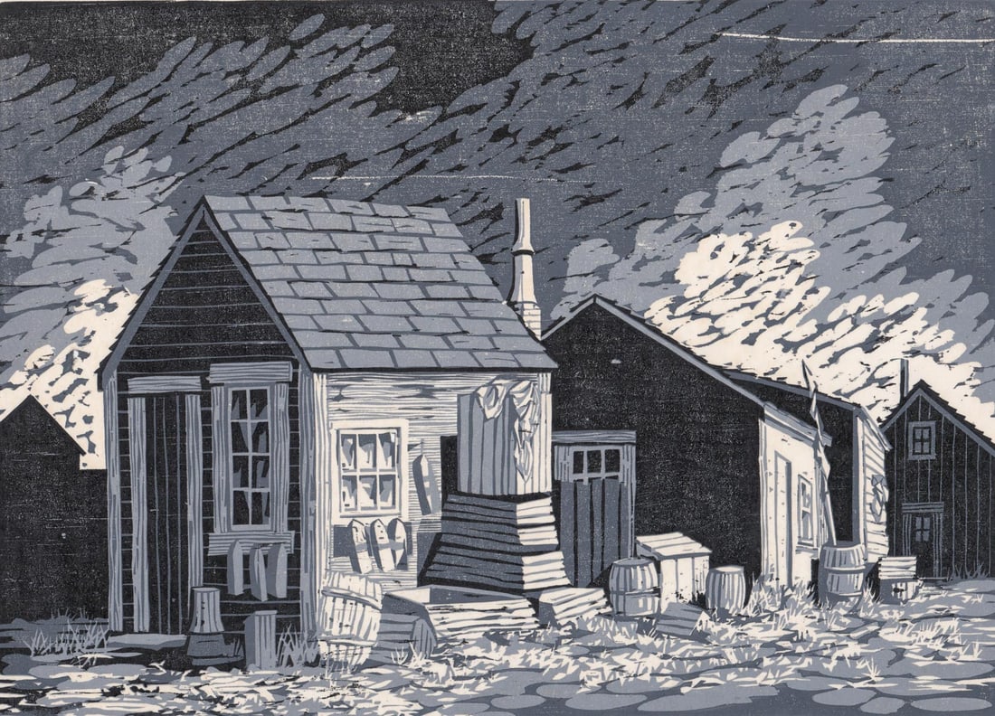 David W. Stearns Large Woodcut [Fishing Shacks] (1 of 5)