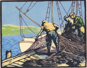 Leo F. Dorn Color Woodblock [Hauling the Nets]