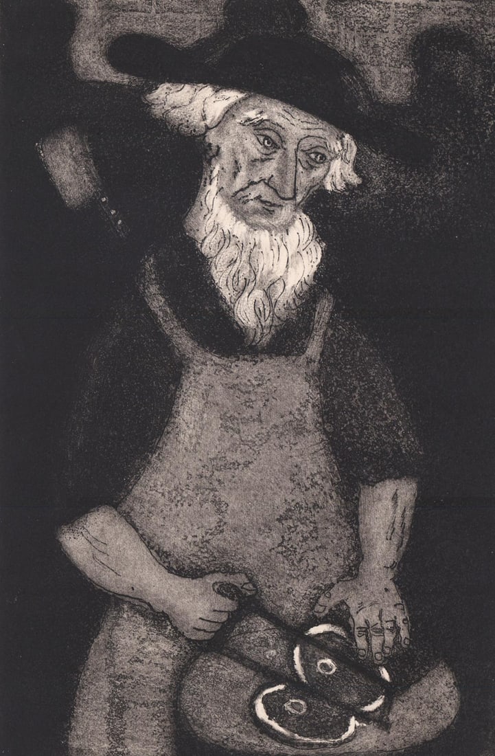 [Amish Butcher] Kiehl & Xtian Newswanger: [Amish Butcher] Kiehl & Xtian Newswanger scarce aquatint circa 1945. Measures 12 x 7.75 inches plate size and 16 x 11.375 inches sheet size. Excellent condition. Unframed, loose and not glued or mount