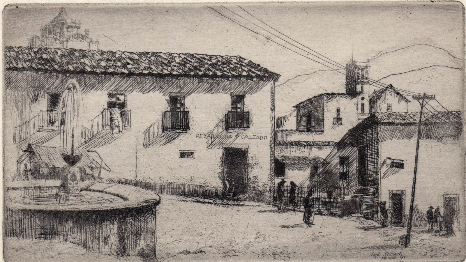 Syd Browne Signed Etching [Cuernavaca Mexico]: Syd Browne Signed Etching [Cuernavaca Mexico]. Measures 4.5 x 8 inches plate size and 7.25 x 10.75 inches sheet size. Signed in pencil lower right. Edition of 50. Ex+/Near Mint condition. Unframed, lo