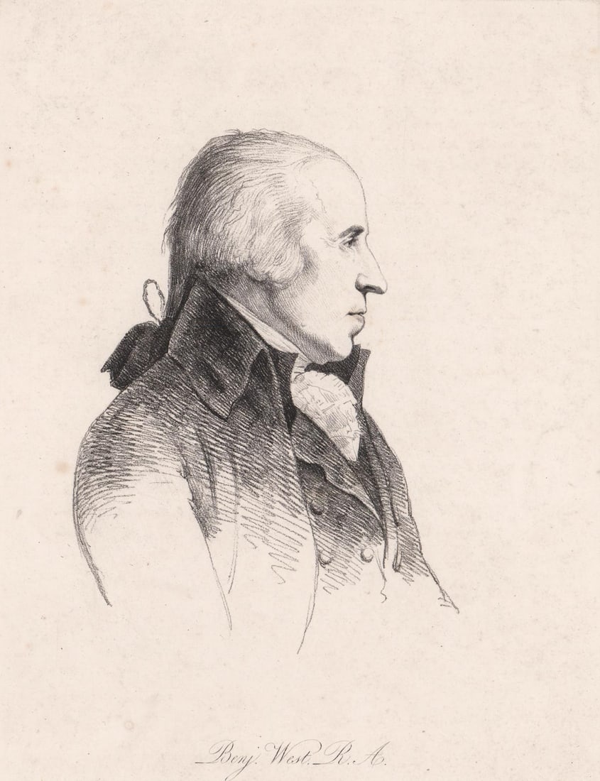 Benjamin West by William Daniell After Geo. Dance: Etching of Benjamin West by William Daniell, after George Dance. Plate measures 10.625 in. x 8 in. Sheet measures 13.625 in. x 10.625 in. Pinholes, bent corners, foxing, tape at corners on verso. Good