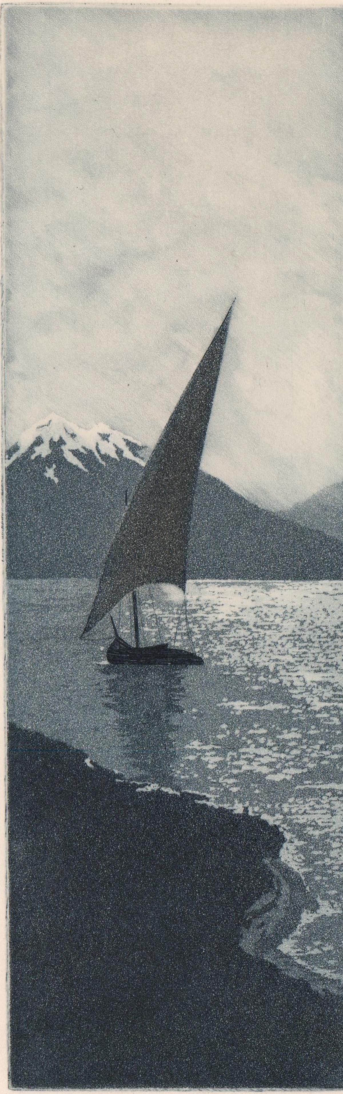 John Taylor Arms Signed Etching and Aquatint 1920: John Taylor Arms (American. 1887-1953) etching and aquatint pencil signed lower right and titled 'Moonlight Number One' lower left. Tape residue verso, left top corner torn. Lower edge with large spot