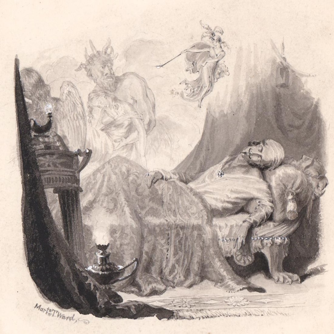 Martin T. Ward Original Watercolor: Martin T. Ward (British 1819-1958) original watercolor on paper. Image measures 3.75 in. x 3.75 in. Sheet measures 8.375 in. x 6.6875 in. Uneven toning, foxing, cracked lower corners. Very good condit