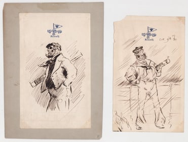 Antique Original (2) Pen and Ink Drawings Sailors