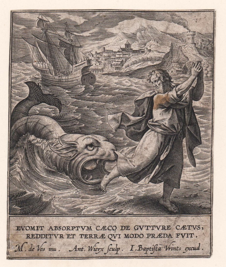 Anthony Wierix after Martin de Vos (1536-1604): Anthony Wierix after Martin de Vos (1536-1604) line engraving [Jonah and the Whale]. Unframed, properly hinge-mounted. Measures 4.25 x 3.5 inches image size (107 x 90 mm). On laid paper. Sheet size 18