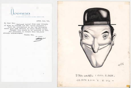 Stan Laurel Original Drawing & TLS: Stan Laurel Original Drawing & TLS. This original drawing is unframed, measures 9.25 x 7.75 inches and is in good condition with some chipping. If lot is absent of a condition report one may be