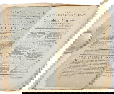 [Alexander Hamilton] Report Secretary Treasury: [Alexander Hamilton] Report Secretary of the Treasury. The Universal And Columbian Magazine For September, 1791. Measures 9 x 5.5 inches. Contains unnumbered blue paper page, unnumbered title page,