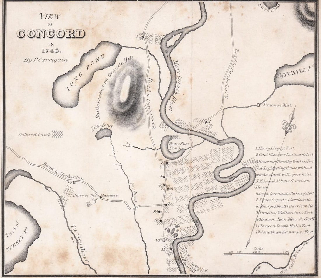 View of Concord in 1746 By P. Carrington: View of Concord (Massachusetts) in 1746 By P. Carrington. Senefelder Lithographic Co. Measures 8.75 x 11 inches sheet size. Unframed, loose and not glued or mounted. G-VG. If lot is absent of a condit