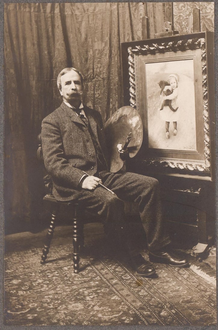 Jean Paul Selinger (Massachusetts Artist) Photo: Jean Paul Selinger (Massachusetts Artist,1850-1909) antique mounted photo. He's photographed with his $1,000 Prize Painting. Signed by Selinger in pencil lower left below photo. This antique mounted p