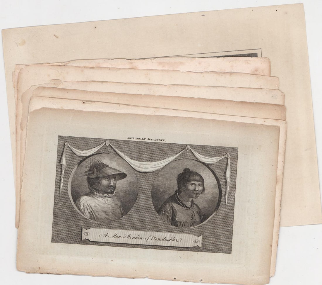 Captain Cook & Alaska Interest Loose Leaves: [Engravings, Copper Engravings, Onalaska] Captain Cook & Alaska Interest Loose Leaves.(8 pcs). They measure 4.5 x 6.875 inches plate size to 10.125 x 7.375 inches sheet size. All are unframed, loose a