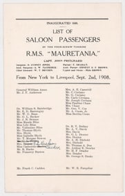 [Cunard Line] RMS Mauretania 1908 Passenger List