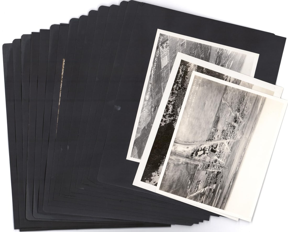 Leo Oestreicher's Personal Photo Album Pages: [Aerial Photography, 30 images, Fort Lewis, U.S. Army, Northwest Photography, Spokane, circa 1930's] Leo Oestreicher (1902-1990, died in Coeur d'Alene, Idaho) was known for his photographs of Valley d